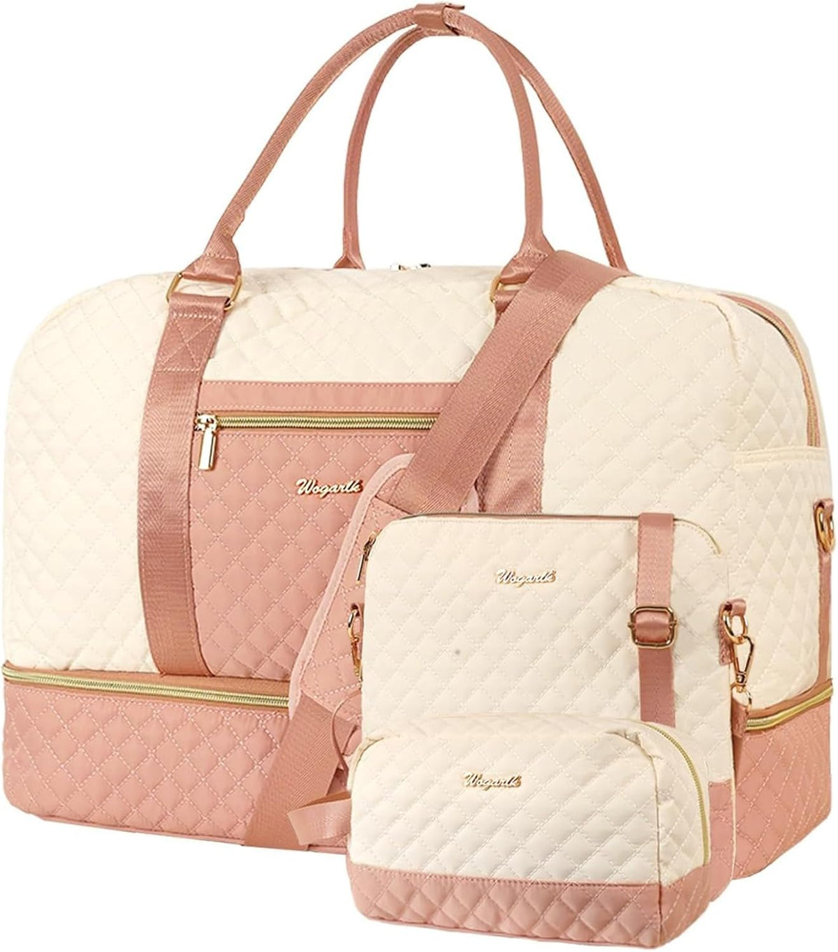 3PCS Weekender Bags for Women Large Overnight Bag Weekend Travel Duffel Bag Carry on Shoulder with Shoe Compartment Canvas Toiletry Bag for Travel Business Gym,Cream Bow