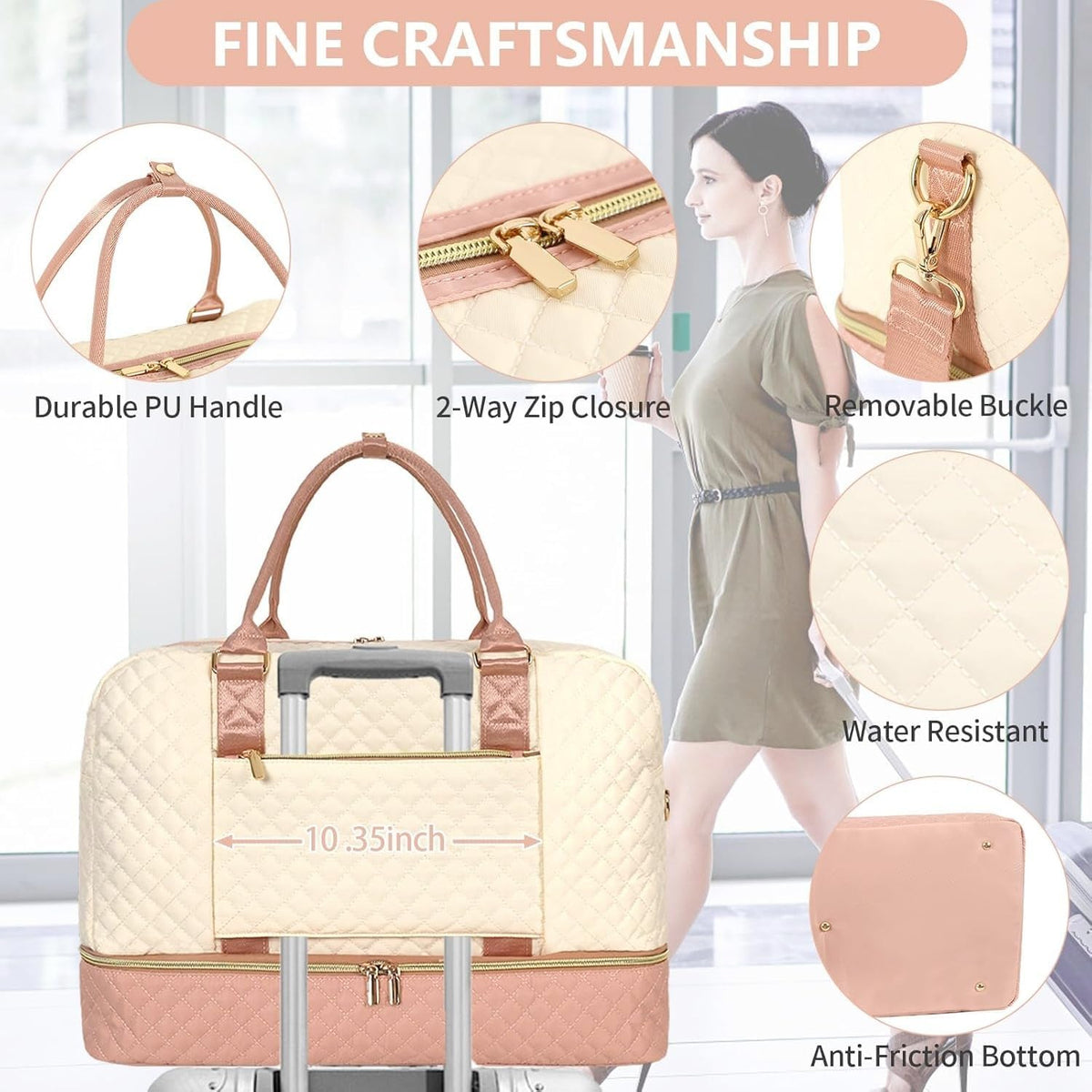 3PCS Weekender Bags for Women Large Overnight Bag Weekend Travel Duffel Bag Carry on Shoulder with Shoe Compartment Canvas Toiletry Bag for Travel Business Gym,Cream Bow