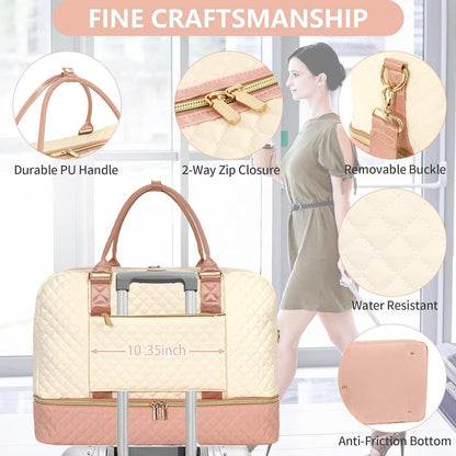 3PCS Weekender Bags for Women Large Overnight Bag Weekend Travel Duffel Bag Carry on Shoulder with Shoe Compartment Canvas Toiletry Bag for Travel Business Gym,Cream Bow