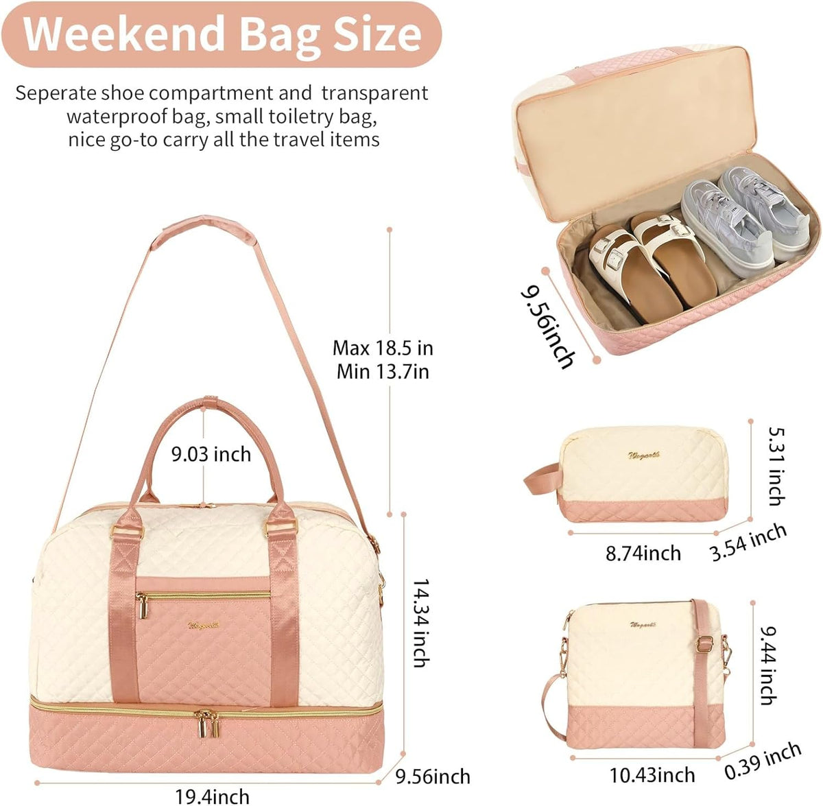 3PCS Weekender Bags for Women Large Overnight Bag Weekend Travel Duffel Bag Carry on Shoulder with Shoe Compartment Canvas Toiletry Bag for Travel Business Gym,Cream Bow
