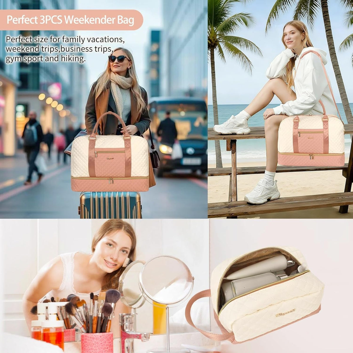 3PCS Weekender Bags for Women Large Overnight Bag Weekend Travel Duffel Bag Carry on Shoulder with Shoe Compartment Canvas Toiletry Bag for Travel Business Gym,Cream Bow