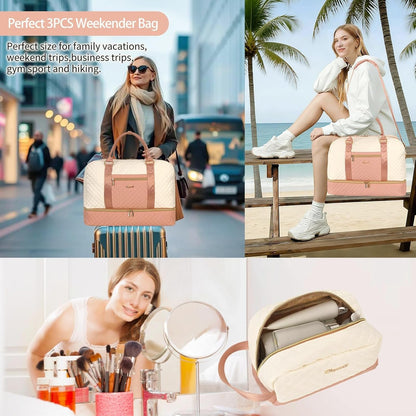 3PCS Weekender Bags for Women Large Overnight Bag Weekend Travel Duffel Bag Carry on Shoulder with Shoe Compartment Canvas Toiletry Bag for Travel Business Gym,Cream Bow