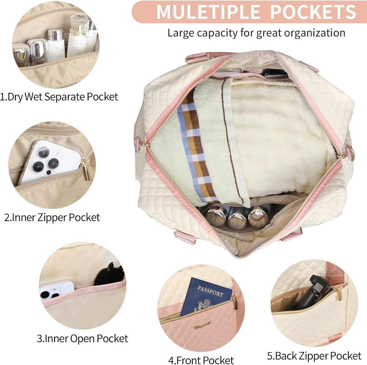 3PCS Weekender Bags for Women Large Overnight Bag Weekend Travel Duffel Bag Carry on Shoulder with Shoe Compartment Canvas Toiletry Bag for Travel Business Gym,Cream Bow