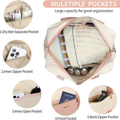3PCS Weekender Bags for Women Large Overnight Bag Weekend Travel Duffel Bag Carry on Shoulder with Shoe Compartment Canvas Toiletry Bag for Travel Business Gym,Cream Bow