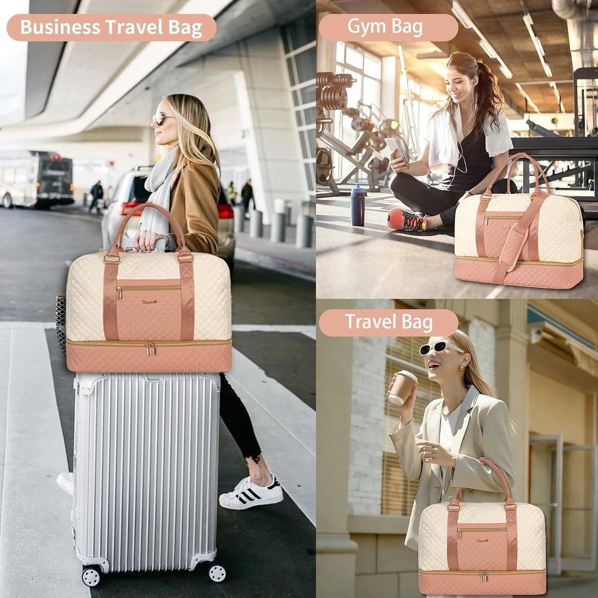 3PCS Weekender Bags for Women Large Overnight Bag Weekend Travel Duffel Bag Carry on Shoulder with Shoe Compartment Canvas Toiletry Bag for Travel Business Gym,Cream Bow