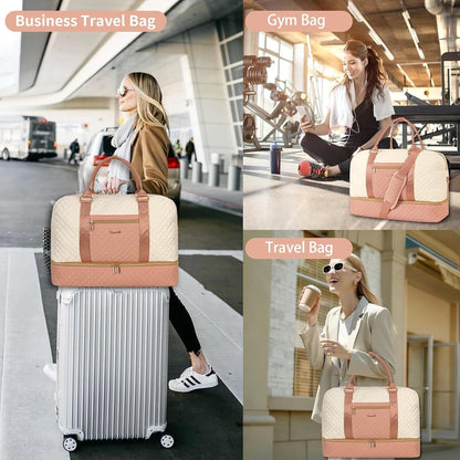 3PCS Weekender Bags for Women Large Overnight Bag Weekend Travel Duffel Bag Carry on Shoulder with Shoe Compartment Canvas Toiletry Bag for Travel Business Gym,Cream Bow