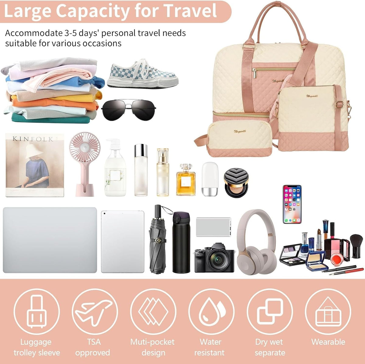 3PCS Weekender Bags for Women Large Overnight Bag Weekend Travel Duffel Bag Carry on Shoulder with Shoe Compartment Canvas Toiletry Bag for Travel Business Gym,Cream Bow