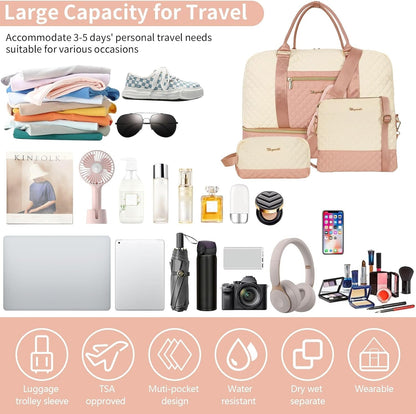 3PCS Weekender Bags for Women Large Overnight Bag Weekend Travel Duffel Bag Carry on Shoulder with Shoe Compartment Canvas Toiletry Bag for Travel Business Gym,Cream Bow
