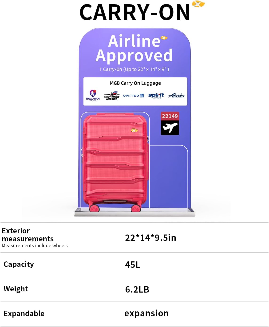 Carry On Luggage 22x14x9 Airline Approved, Hard Shell Suitcase with Spinner Wheels, Lightweight Luggages with TSA Lock, Carry-On Suitcases 20 Inch, Red