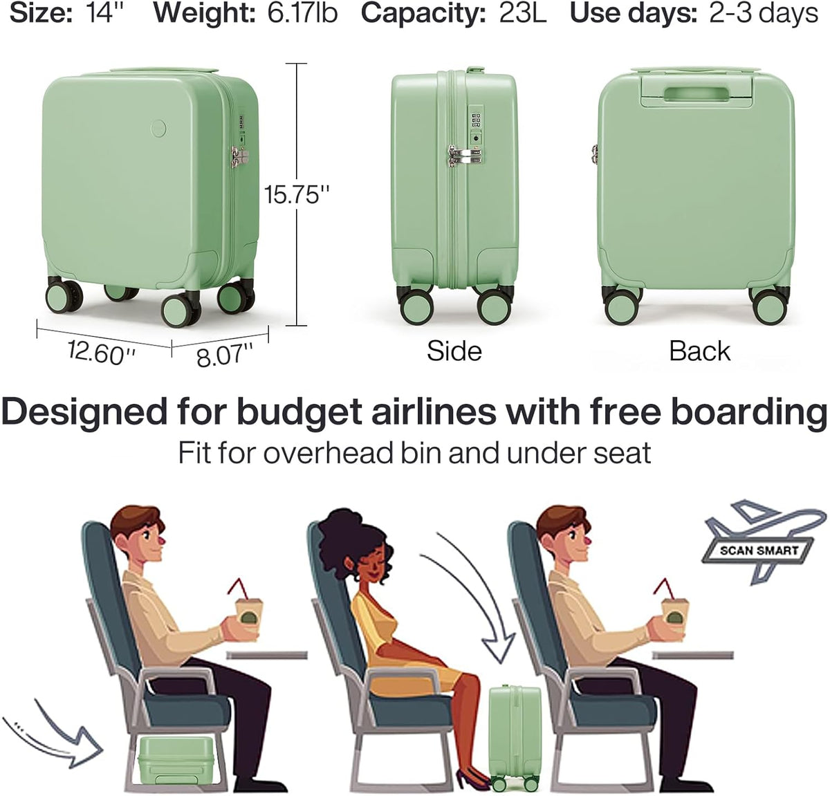 14 Inch Underseat Luggage Carry on Suitcase Free Boarding Personal Item Suitcases with Spinner Wheels Hardshell Lightweight PC for Short Travel, Lark Yellow