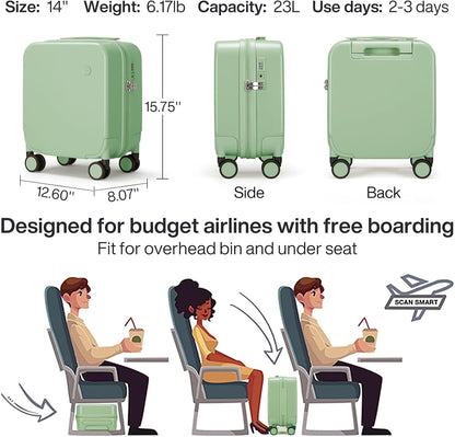 14 Inch Underseat Luggage Carry on Suitcase Free Boarding Personal Item Suitcases with Spinner Wheels Hardshell Lightweight PC for Short Travel, Lark Yellow