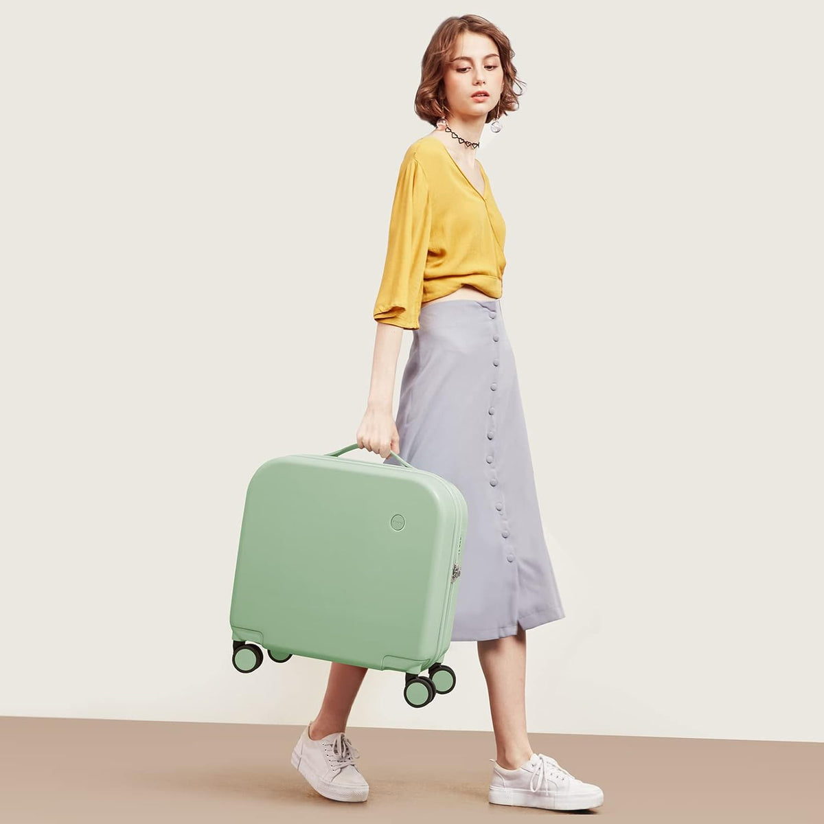 14 Inch Underseat Luggage Carry on Suitcase Free Boarding Personal Item Suitcases with Spinner Wheels Hardshell Lightweight PC for Short Travel, Lark Yellow