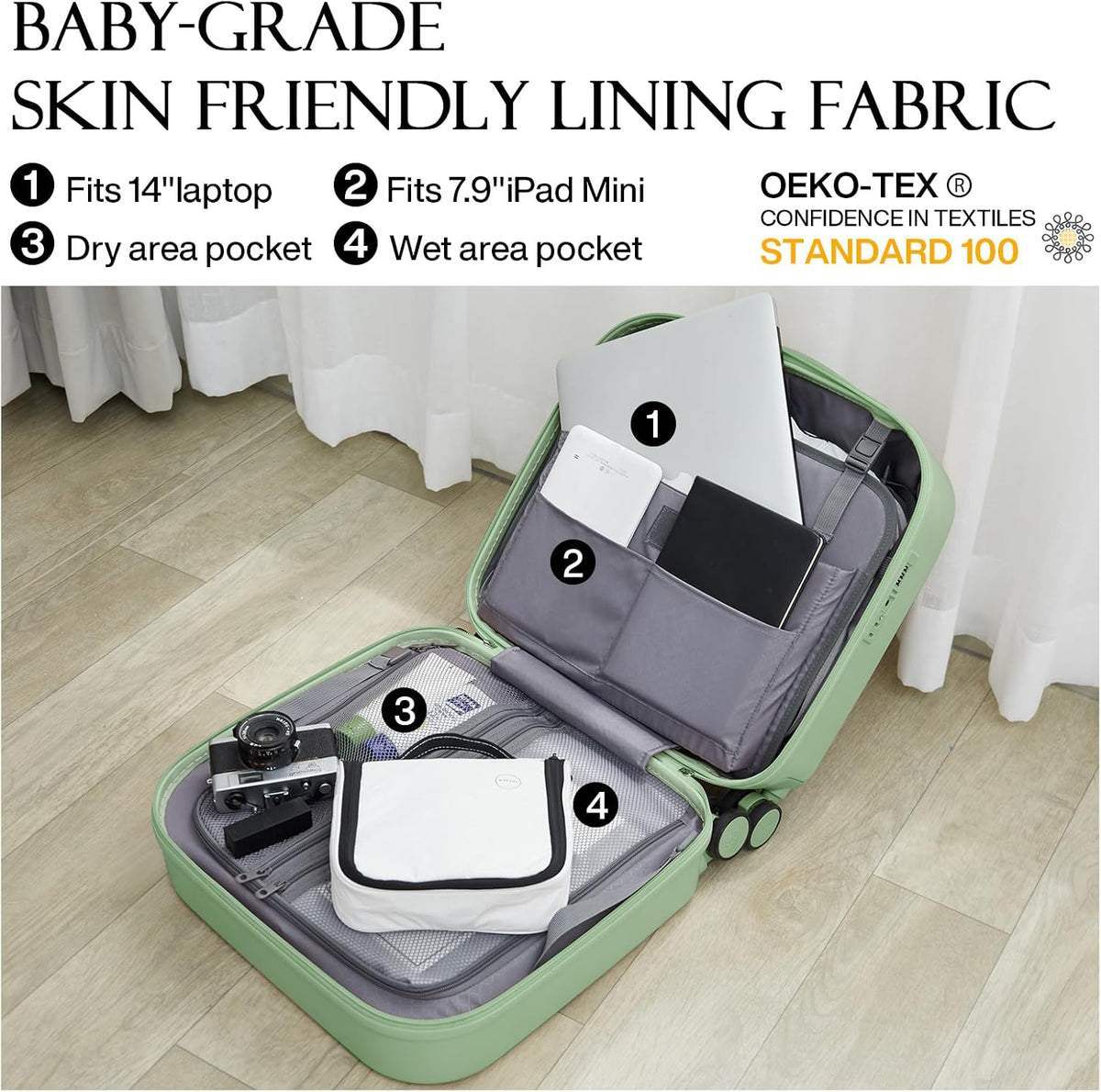 14 Inch Underseat Luggage Carry on Suitcase Free Boarding Personal Item Suitcases with Spinner Wheels Hardshell Lightweight PC for Short Travel, Lark Yellow