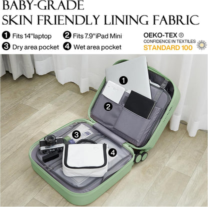 14 Inch Underseat Luggage Carry on Suitcase Free Boarding Personal Item Suitcases with Spinner Wheels Hardshell Lightweight PC for Short Travel, Lark Yellow