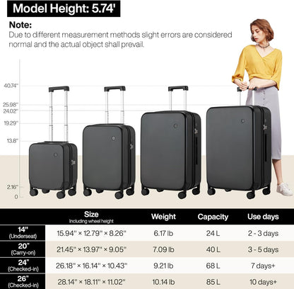 14 Inch Underseat Luggage Carry on Suitcase Free Boarding Personal Item Suitcases with Spinner Wheels Hardshell Lightweight PC for Short Travel, Lark Yellow