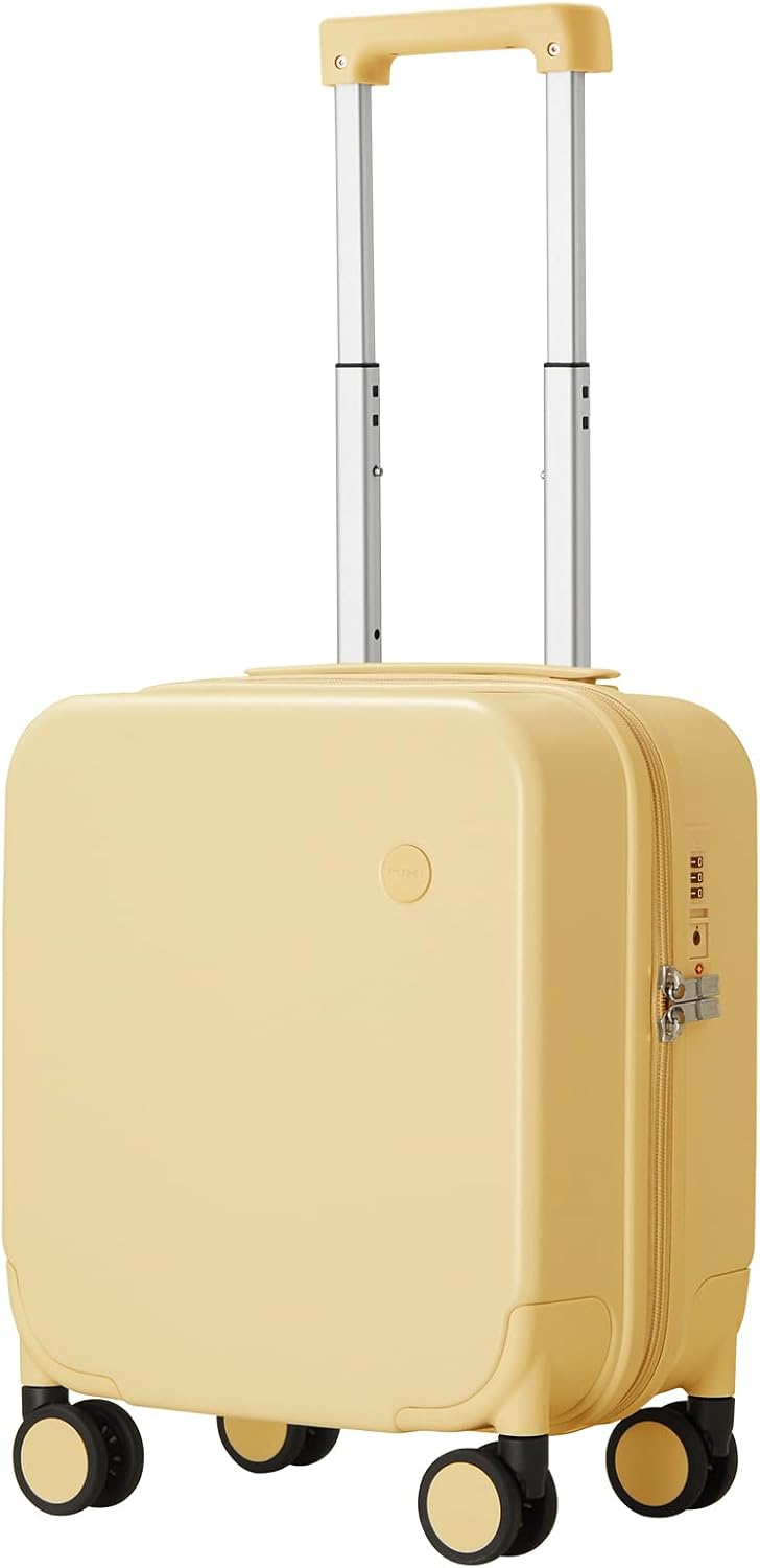14 Inch Underseat Luggage Carry on Suitcase Free Boarding Personal Item Suitcases with Spinner Wheels Hardshell Lightweight PC for Short Travel, Lark Yellow