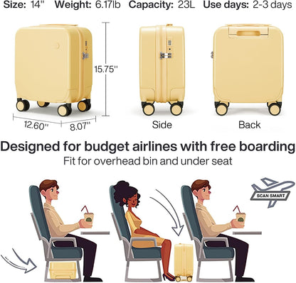 14 Inch Underseat Luggage Carry on Suitcase Free Boarding Personal Item Suitcases with Spinner Wheels Hardshell Lightweight PC for Short Travel, Lark Yellow