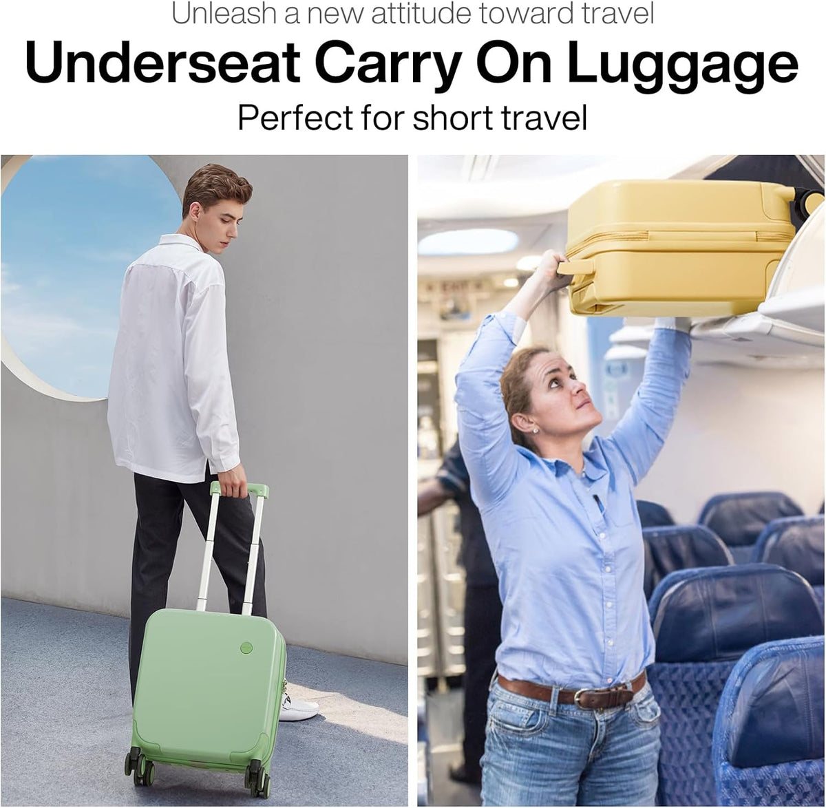 14 Inch Underseat Luggage Carry on Suitcase Free Boarding Personal Item Suitcases with Spinner Wheels Hardshell Lightweight PC for Short Travel, Lark Yellow
