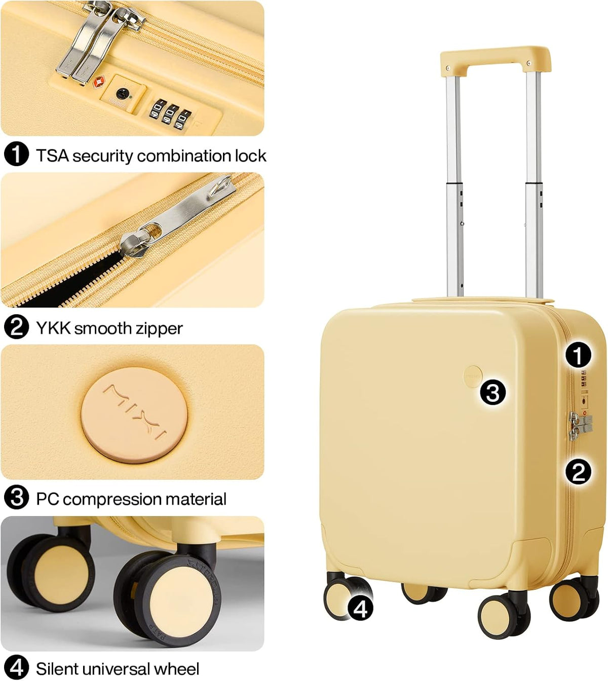 14 Inch Underseat Luggage Carry on Suitcase Free Boarding Personal Item Suitcases with Spinner Wheels Hardshell Lightweight PC for Short Travel, Lark Yellow