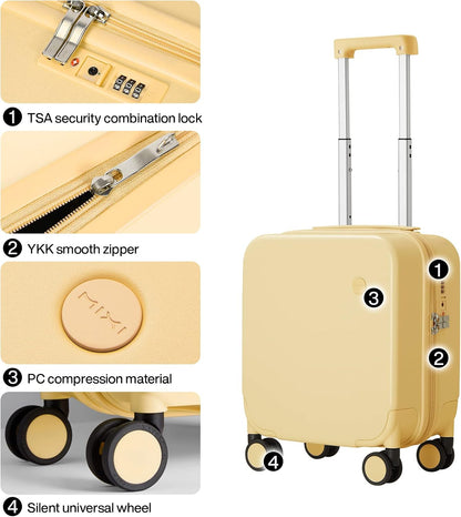 14 Inch Underseat Luggage Carry on Suitcase Free Boarding Personal Item Suitcases with Spinner Wheels Hardshell Lightweight PC for Short Travel, Lark Yellow