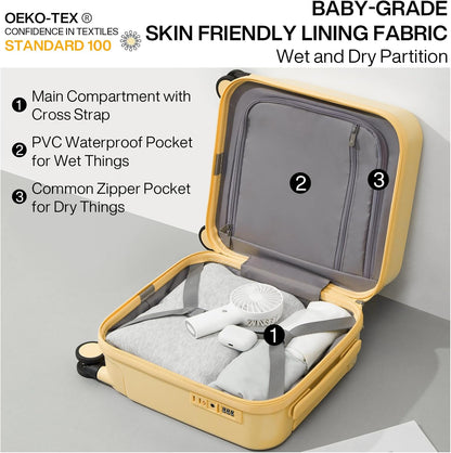 14 Inch Underseat Luggage Carry on Suitcase Free Boarding Personal Item Suitcases with Spinner Wheels Hardshell Lightweight PC for Short Travel, Lark Yellow