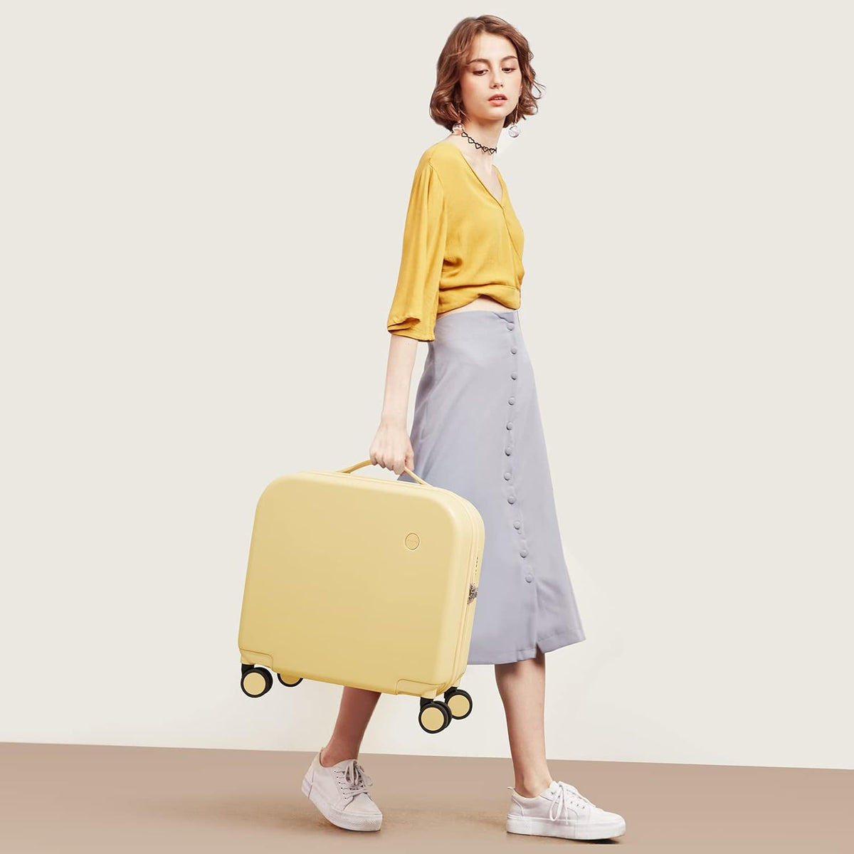 14 Inch Underseat Luggage Carry on Suitcase Free Boarding Personal Item Suitcases with Spinner Wheels Hardshell Lightweight PC for Short Travel, Lark Yellow