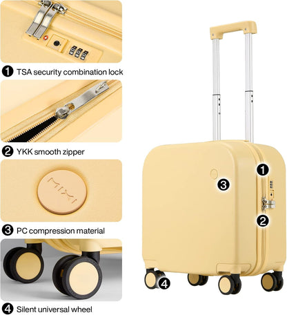 14 Inch Underseat Luggage Carry on Suitcase Free Boarding Personal Item Suitcases with Spinner Wheels Hardshell Lightweight PC for Short Travel, Lark Yellow
