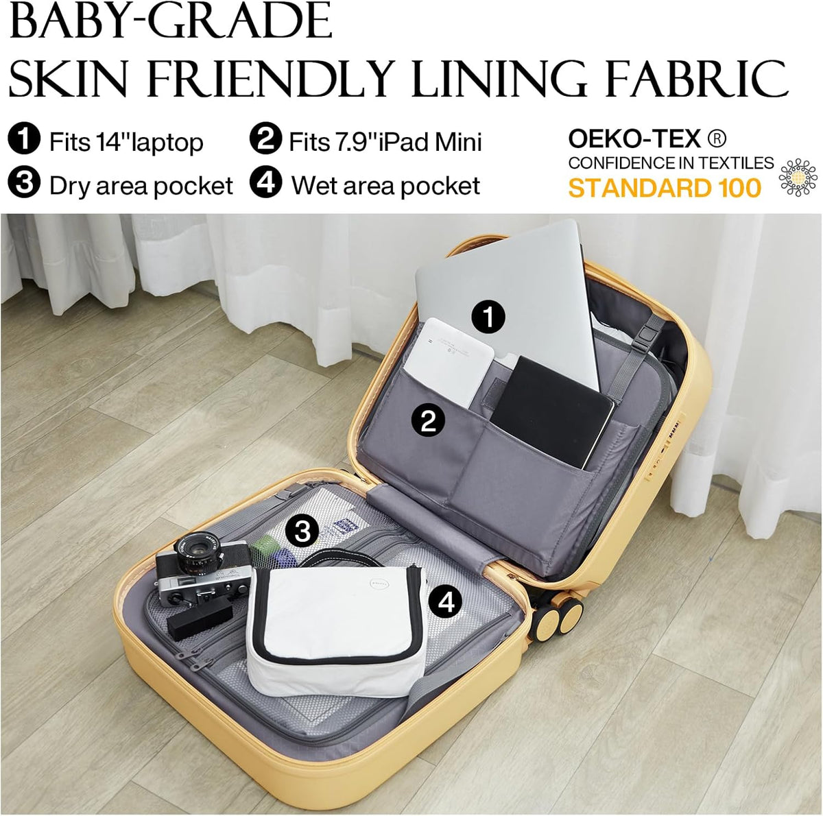 14 Inch Underseat Luggage Carry on Suitcase Free Boarding Personal Item Suitcases with Spinner Wheels Hardshell Lightweight PC for Short Travel, Lark Yellow