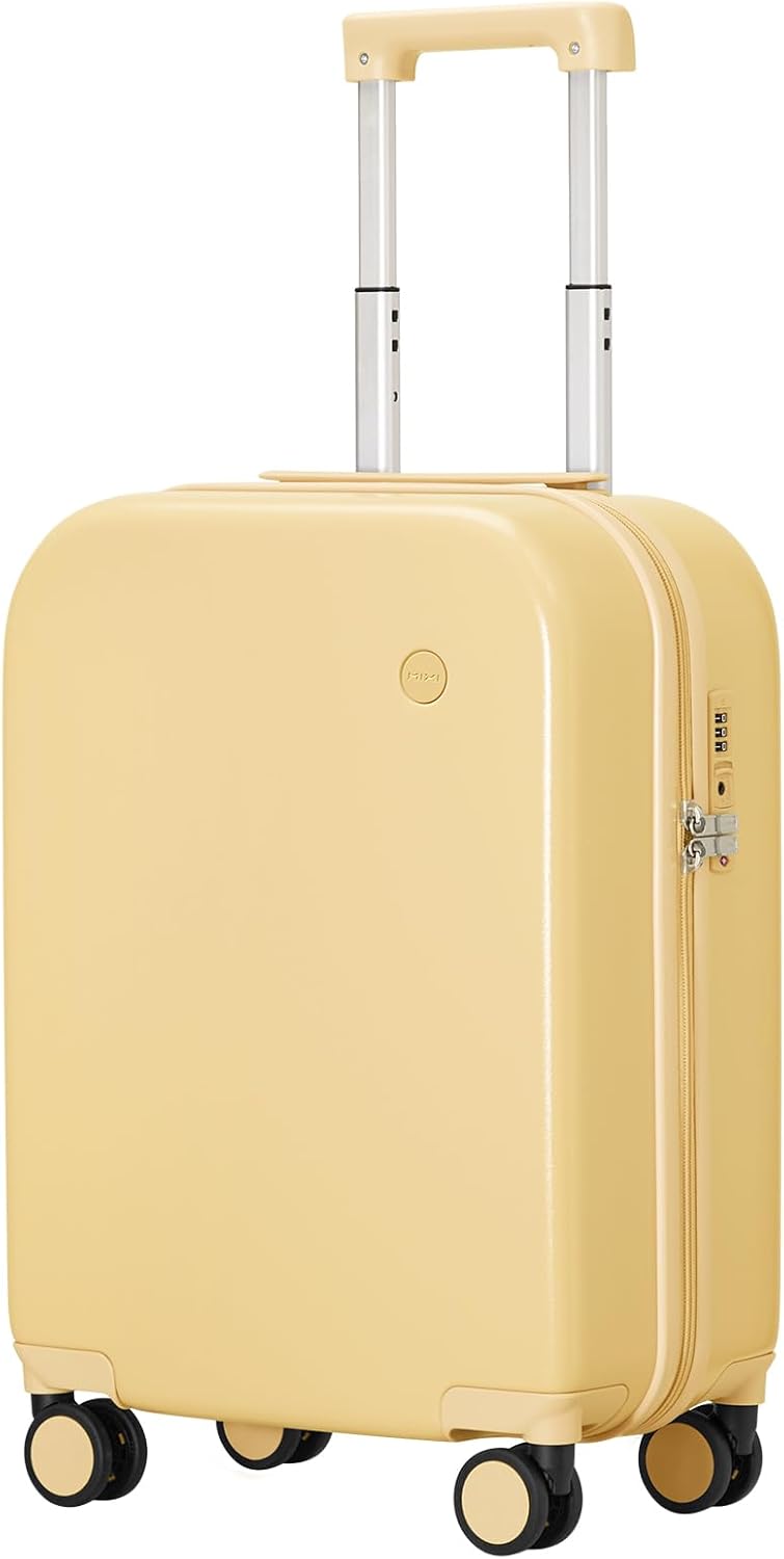 14 Inch Underseat Luggage Carry on Suitcase Free Boarding Personal Item Suitcases with Spinner Wheels Hardshell Lightweight PC for Short Travel, Lark Yellow