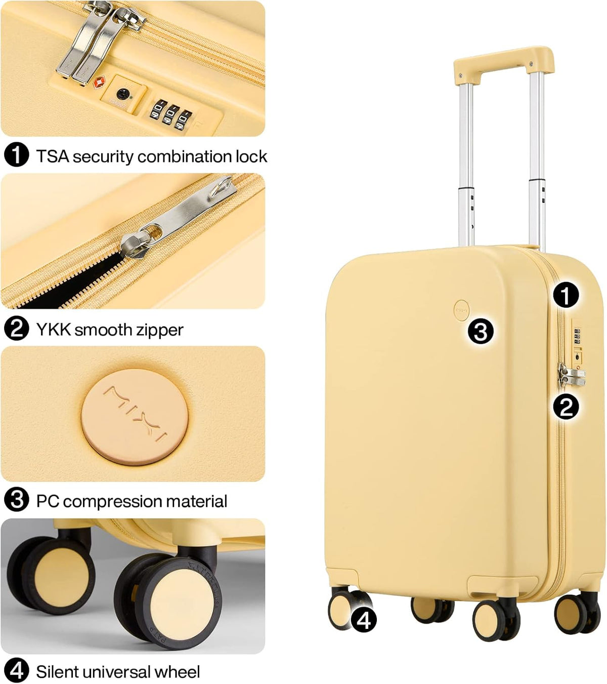 14 Inch Underseat Luggage Carry on Suitcase Free Boarding Personal Item Suitcases with Spinner Wheels Hardshell Lightweight PC for Short Travel, Lark Yellow
