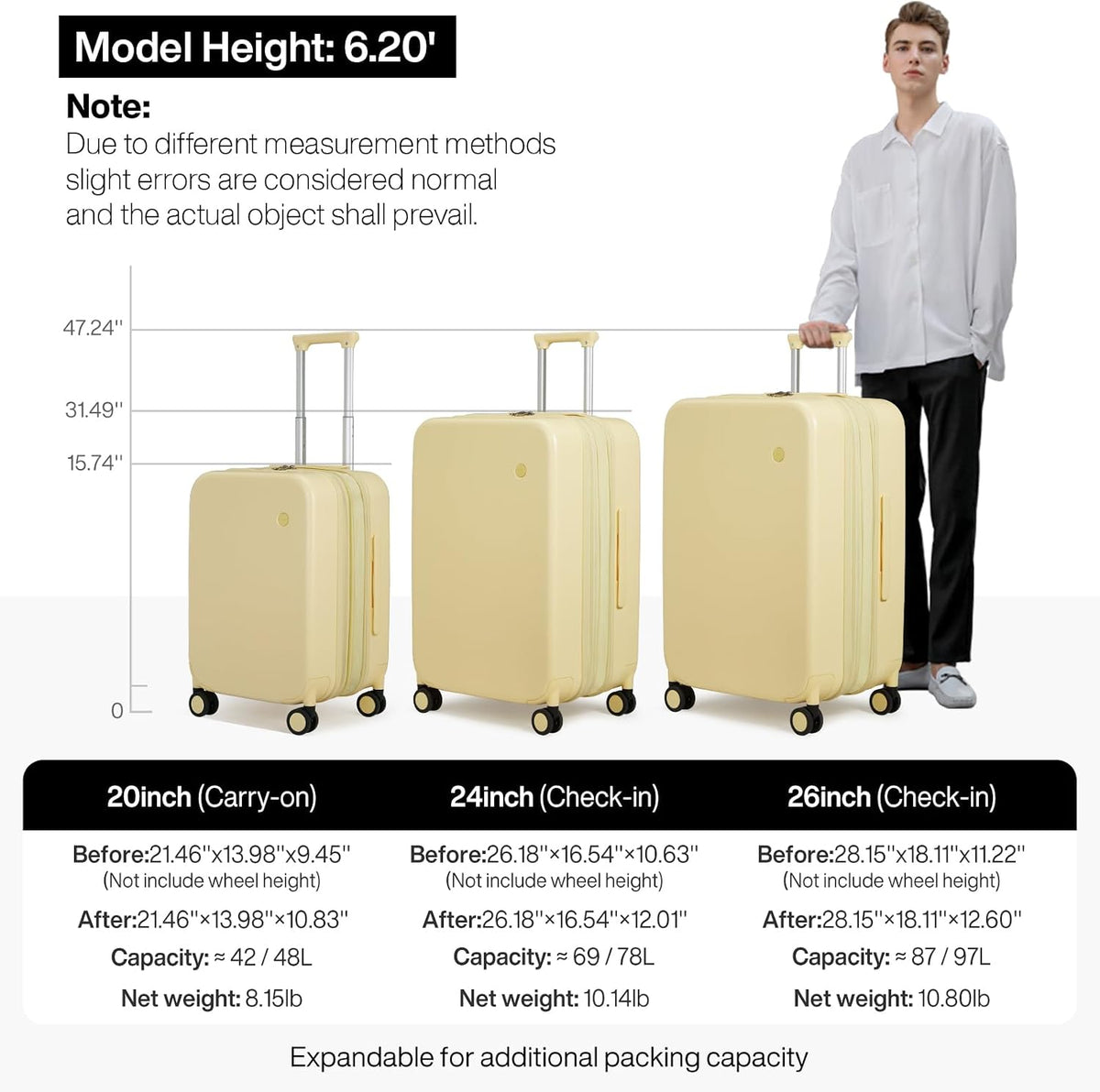 14 Inch Underseat Luggage Carry on Suitcase Free Boarding Personal Item Suitcases with Spinner Wheels Hardshell Lightweight PC for Short Travel, Lark Yellow