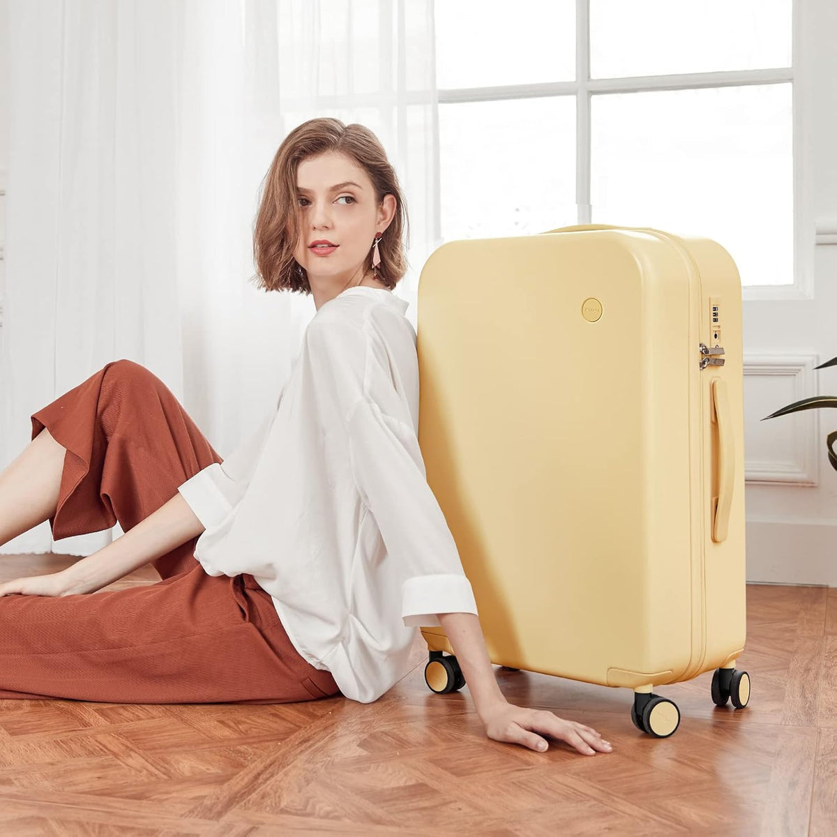 14 Inch Underseat Luggage Carry on Suitcase Free Boarding Personal Item Suitcases with Spinner Wheels Hardshell Lightweight PC for Short Travel, Lark Yellow