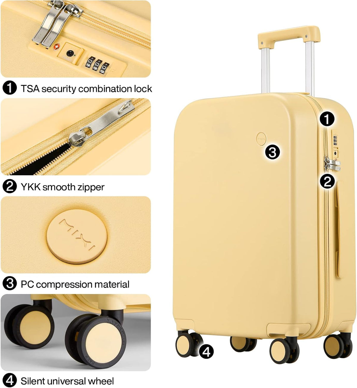 14 Inch Underseat Luggage Carry on Suitcase Free Boarding Personal Item Suitcases with Spinner Wheels Hardshell Lightweight PC for Short Travel, Lark Yellow