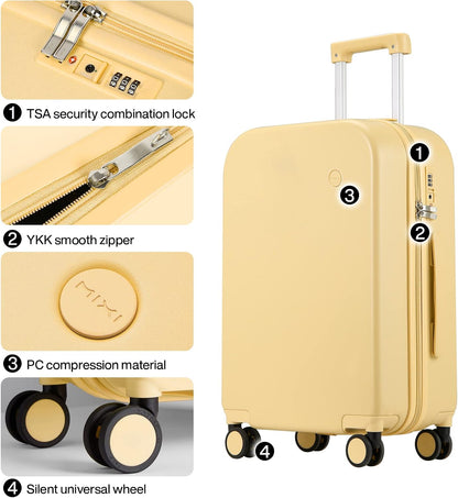 14 Inch Underseat Luggage Carry on Suitcase Free Boarding Personal Item Suitcases with Spinner Wheels Hardshell Lightweight PC for Short Travel, Lark Yellow