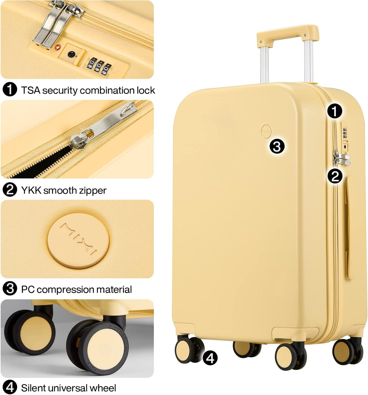 14 Inch Underseat Luggage Carry on Suitcase Free Boarding Personal Item Suitcases with Spinner Wheels Hardshell Lightweight PC for Short Travel, Lark Yellow