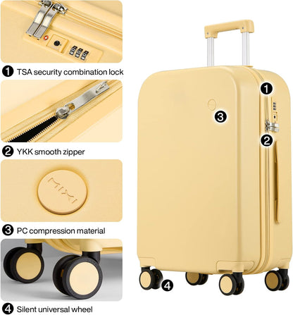 14 Inch Underseat Luggage Carry on Suitcase Free Boarding Personal Item Suitcases with Spinner Wheels Hardshell Lightweight PC for Short Travel, Lark Yellow
