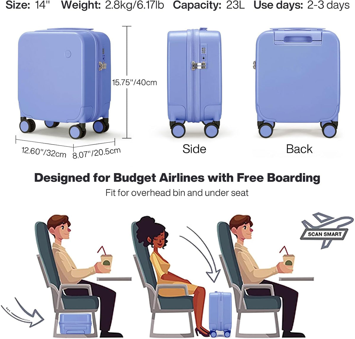 14 Inch Underseat Luggage Carry on Suitcase Free Boarding Personal Item Suitcases with Spinner Wheels Hardshell Lightweight PC for Short Travel, Lark Yellow