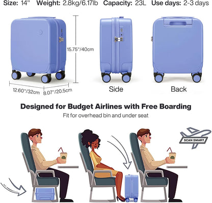 14 Inch Underseat Luggage Carry on Suitcase Free Boarding Personal Item Suitcases with Spinner Wheels Hardshell Lightweight PC for Short Travel, Lark Yellow