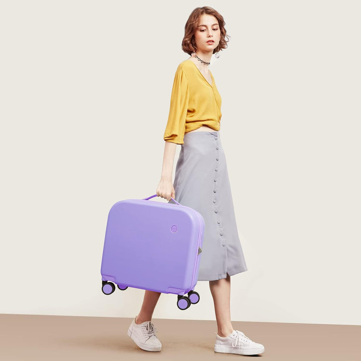 14 Inch Underseat Luggage Carry on Suitcase Free Boarding Personal Item Suitcases with Spinner Wheels Hardshell Lightweight PC for Short Travel, Lark Yellow