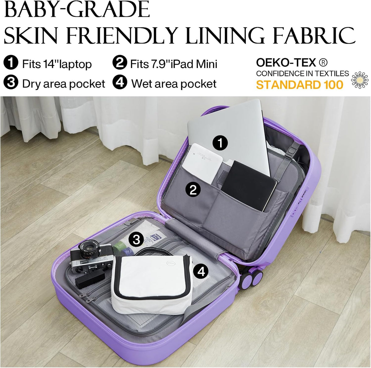 14 Inch Underseat Luggage Carry on Suitcase Free Boarding Personal Item Suitcases with Spinner Wheels Hardshell Lightweight PC for Short Travel, Lark Yellow