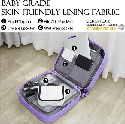 14 Inch Underseat Luggage Carry on Suitcase Free Boarding Personal Item Suitcases with Spinner Wheels Hardshell Lightweight PC for Short Travel, Lark Yellow