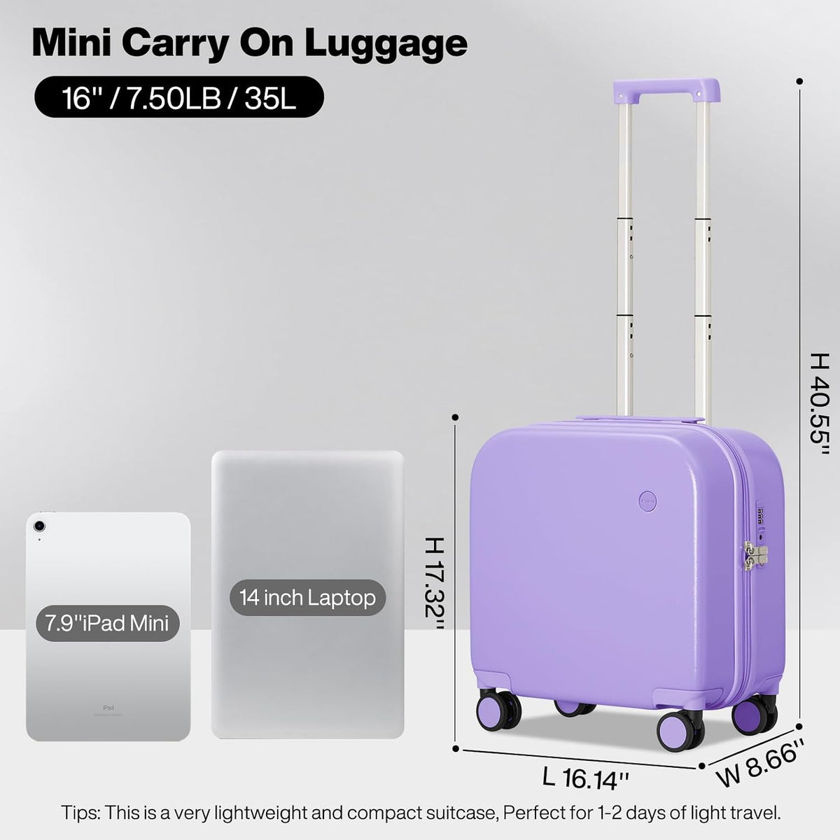 14 Inch Underseat Luggage Carry on Suitcase Free Boarding Personal Item Suitcases with Spinner Wheels Hardshell Lightweight PC for Short Travel, Lark Yellow
