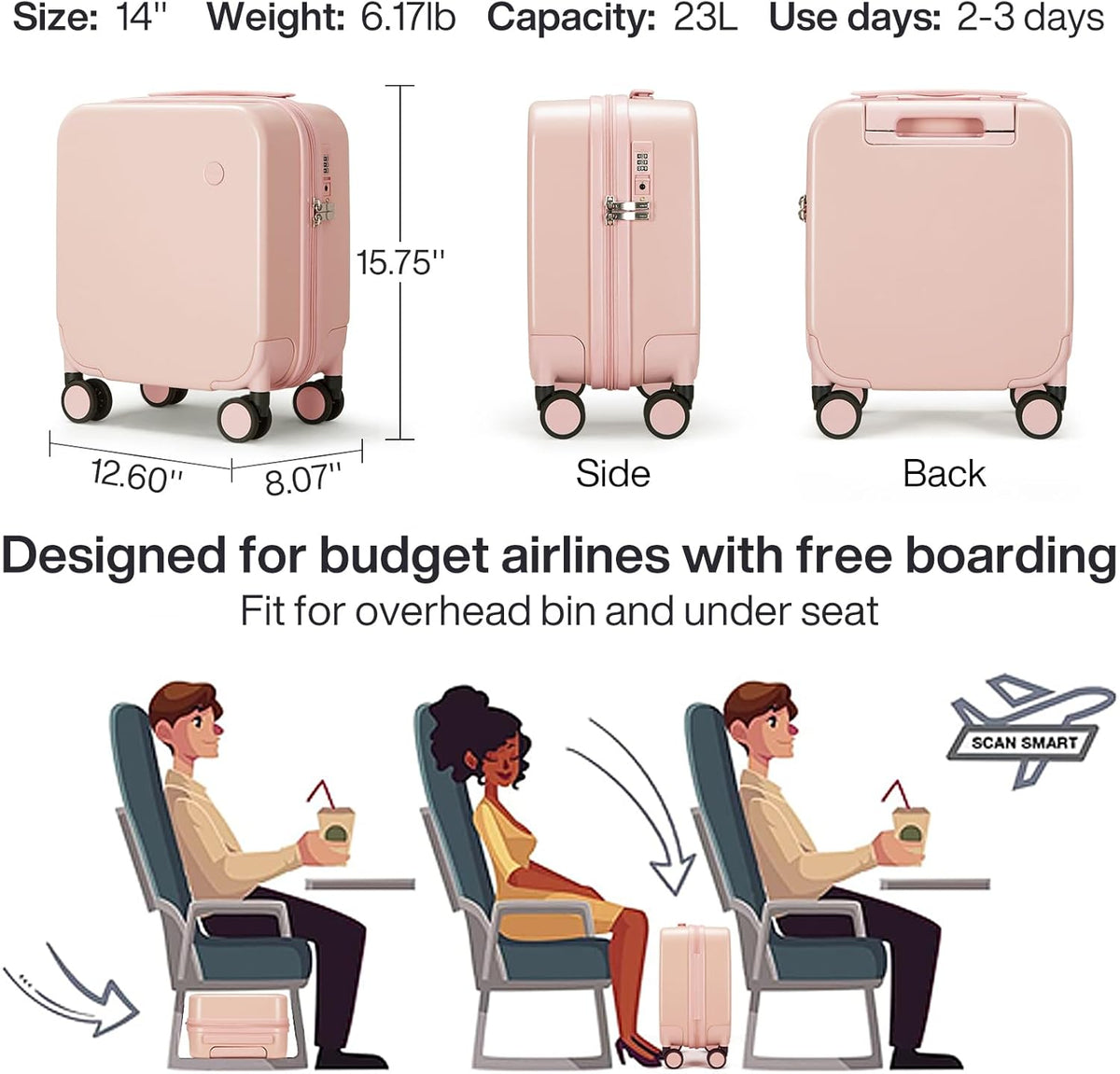 14 Inch Underseat Luggage Carry on Suitcase Free Boarding Personal Item Suitcases with Spinner Wheels Hardshell Lightweight PC for Short Travel, Lark Yellow