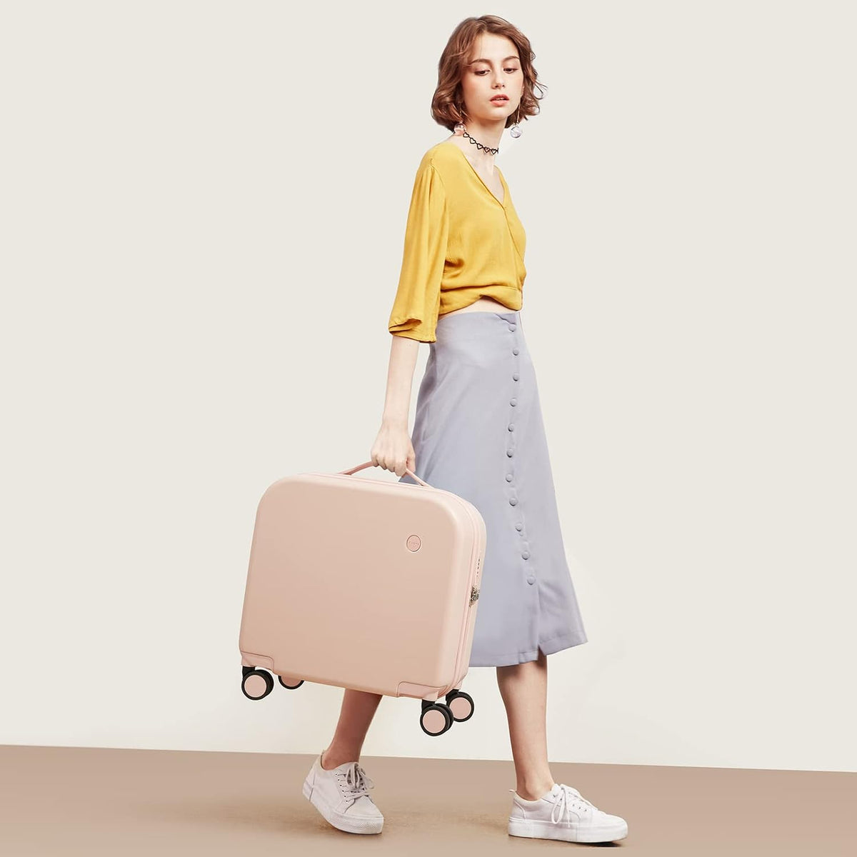 14 Inch Underseat Luggage Carry on Suitcase Free Boarding Personal Item Suitcases with Spinner Wheels Hardshell Lightweight PC for Short Travel, Lark Yellow