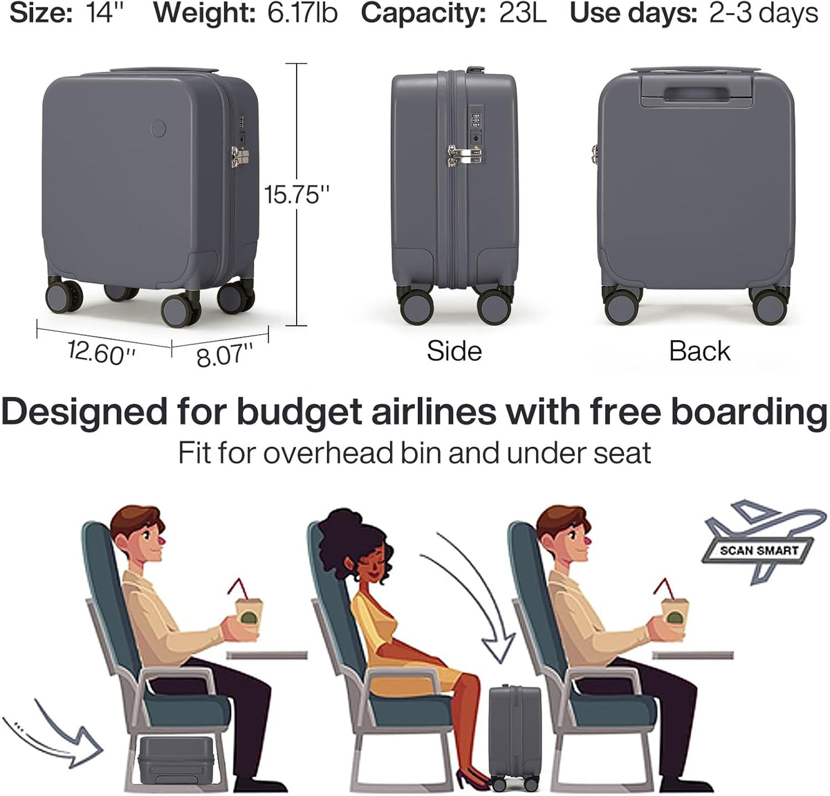 14 Inch Underseat Luggage Carry on Suitcase Free Boarding Personal Item Suitcases with Spinner Wheels Hardshell Lightweight PC for Short Travel, Lark Yellow