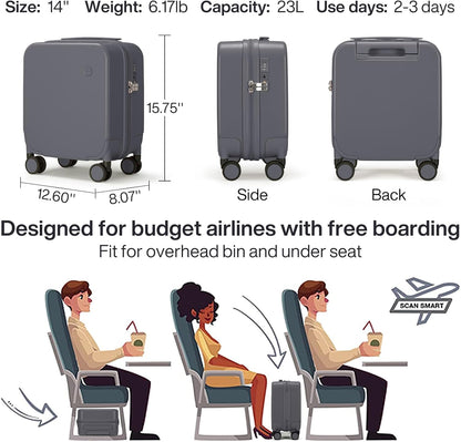 14 Inch Underseat Luggage Carry on Suitcase Free Boarding Personal Item Suitcases with Spinner Wheels Hardshell Lightweight PC for Short Travel, Lark Yellow
