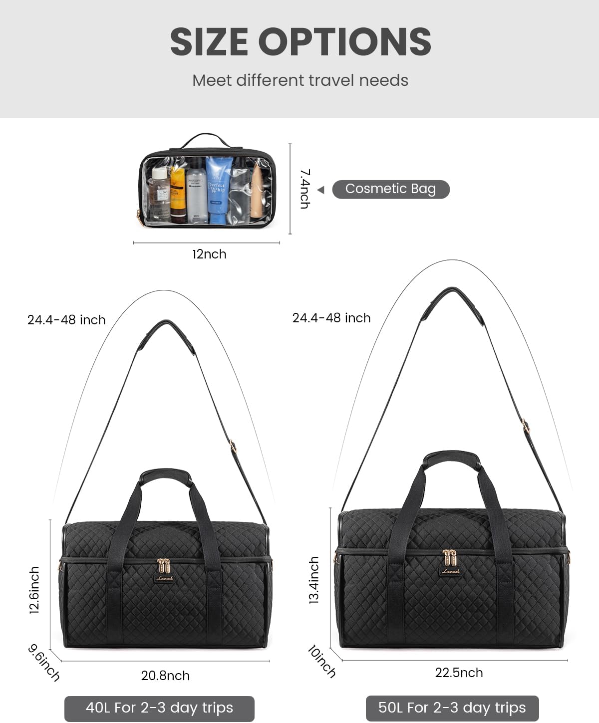 Travel Duffle Bag - Weekender & Overnight Bag with Toiletry & Wet Pocket, Carry-On Size, 3pc Set