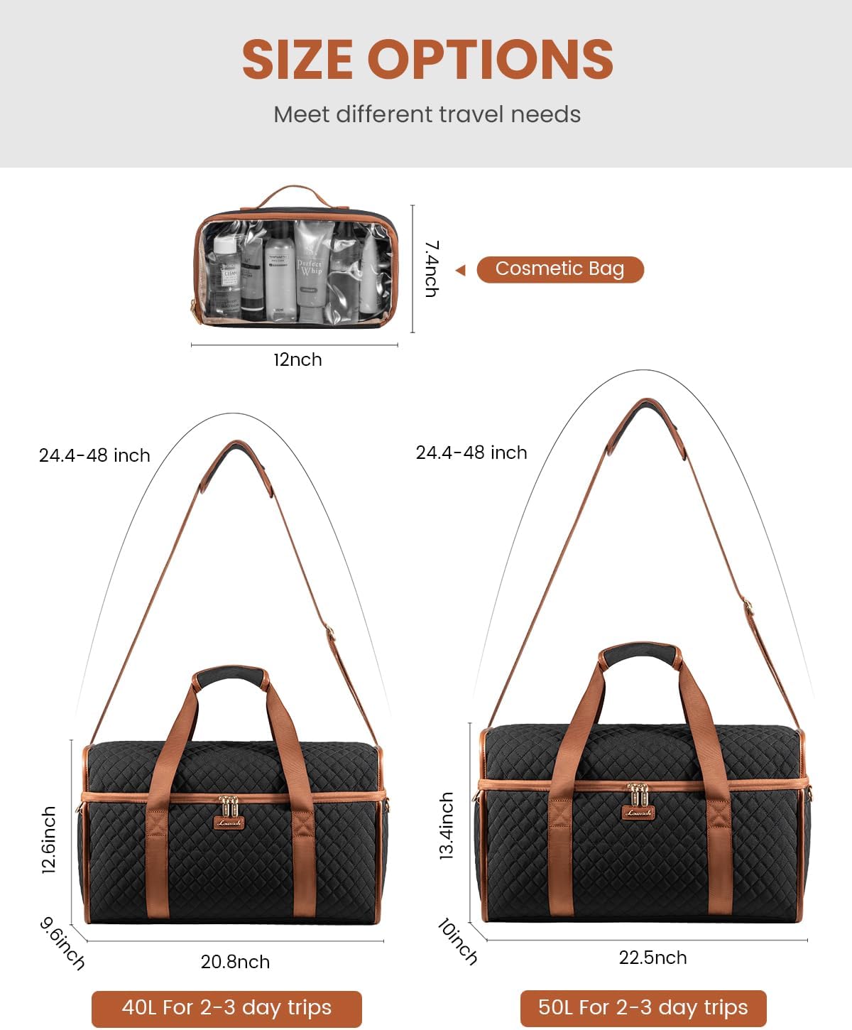 Travel Duffle Bag - Weekender & Overnight Bag with Toiletry & Wet Pocket, Carry-On Size, 3pc Set