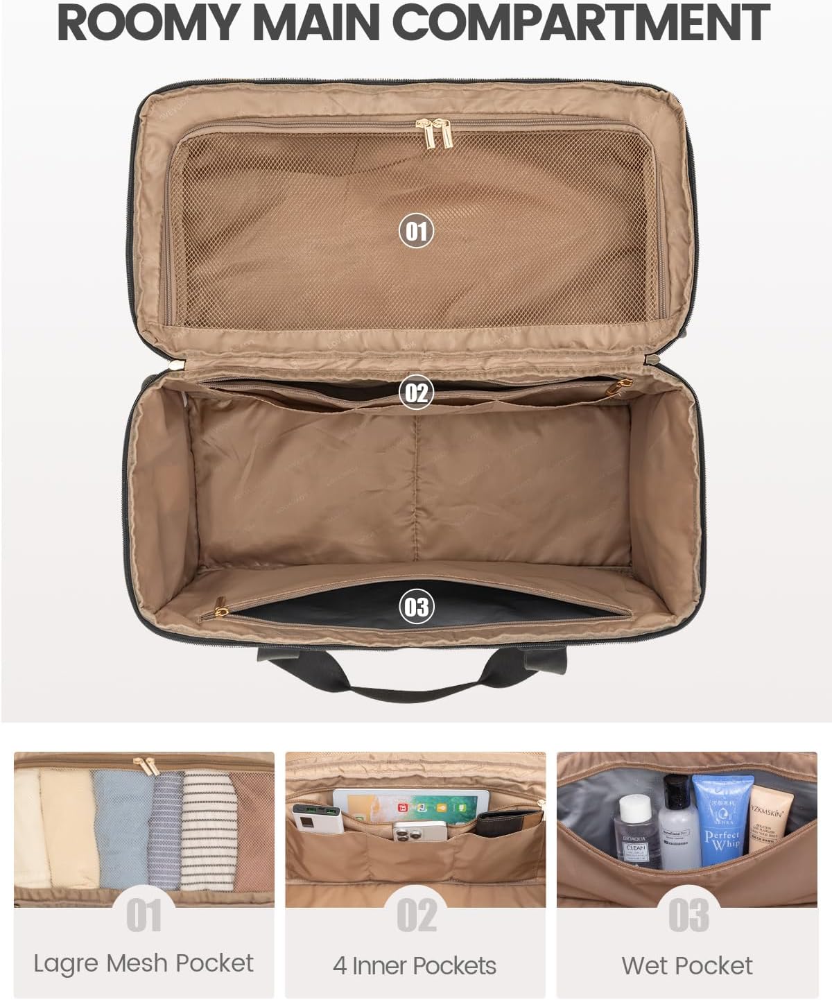 Travel Duffle Bag - Weekender & Overnight Bag with Toiletry & Wet Pocket, Carry-On Size, 3pc Set