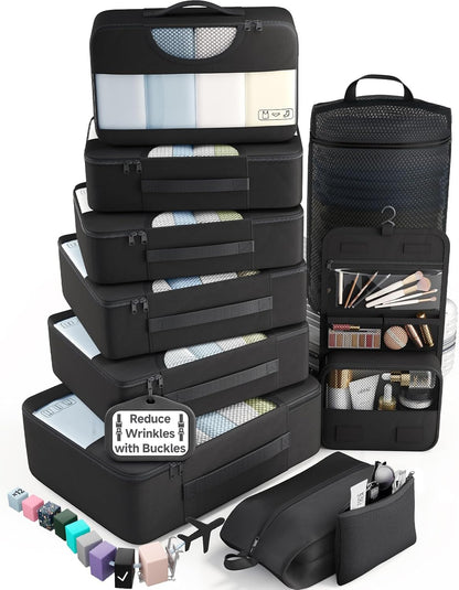 10 Set Packing Cubes for Travel Essentials,Anti-Wrinkle Buckled Suitcase Organizer for Shoe & Toiletry Bag,Carry On Luggage Bag with 99+ Count Mesh Holes for Airplane & College Dorm Accessories